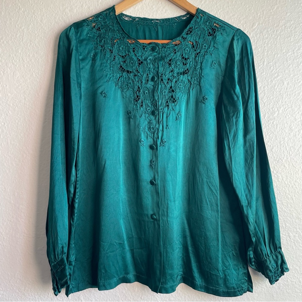Vintage Silk Embroidered Long-Sleeve Teal Blouse